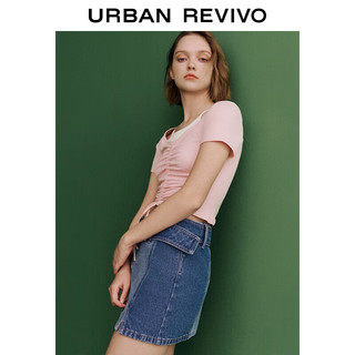 UR2024春季女装休闲撞色假两件抽褶设计感短袖T恤UWL440059 浅粉色 L