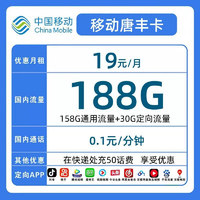 中国移动 唐丰卡 一年19元月租（188G全国流量+本地归属+三个情亲号+返10元）赠金煌芒、五斤