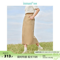 茵曼休闲直筒半身裙2024春季女装松紧腰大口袋显瘦显高裙子 卡其色 L