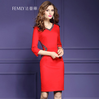 FEMLY 法曼丽 春秋装性感钉珠职业连衣裙气质ol显瘦打底裙12207 红色 M