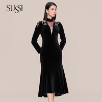 SUSSI 古色（女装） 古色冬季新品商场同款黑色V型立领刺绣连衣裙11AV4060610