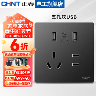 正泰（CHNT） 开关插座面板二三插五孔单双多控墙壁插座暗装开关NEW6TA深灰色 五孔双USB