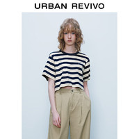 URBAN REVIVO UR2024春季女装都市航海系列撞色条纹刺绣短袖T恤UWU440011 米白条纹 M