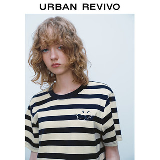 URBAN REVIVO UR2024春季女装都市航海系列撞色条纹刺绣短袖T恤UWU440011 米白条纹 M