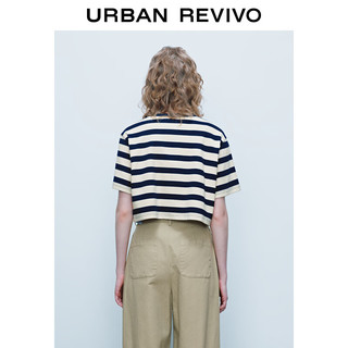 URBAN REVIVO UR2024春季女装都市航海系列撞色条纹刺绣短袖T恤UWU440011 米白条纹 M