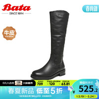 Bata 拔佳 及膝时装靴女2023冬商场牛皮粗跟骑士显瘦长筒靴AXS80DG3 黑色-单里 39