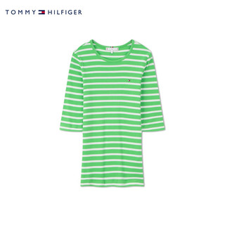 TOMMY HILFIGER24春季女装通勤小绣标拼色条纹紧身打底短袖T恤03023 绿白条纹0FP XS