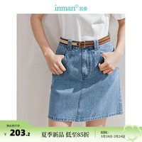 茵曼100%纯棉牛仔短裙2024夏季女装新款双层袋口A摆显高显腿长半身裙 牛仔蓝