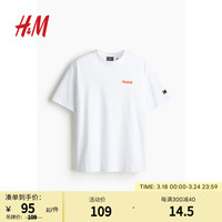 H&M2024男装T恤春季纯棉字母印花休闲圆领上衣宽松落肩短袖0972640 白色/Kodak 165/84A