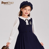 PawinPaw卡通小熊童装2024年春季新款女童学院风拼接假两件连衣裙 藏青色/59 140