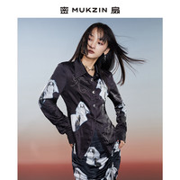 密扇2024春狸尨梦华录黑色设计感印花百搭长袖衬衫女 M
