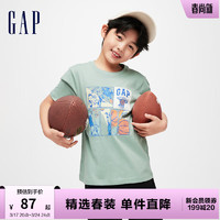 Gap男童2024春季纯棉印花图案圆领短袖T恤儿童装上衣430241 浅绿色 120cm(XS)亚洲尺码