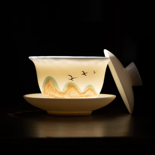苏氏陶瓷（SUSHI CERAMICS）羊脂玉瓷千里江山茶具套装三才盖碗六色杯功夫茶具礼盒装
