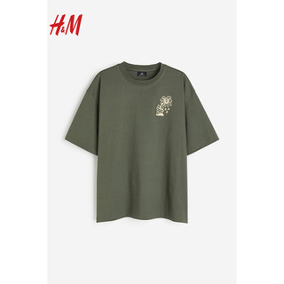 H&M男装T恤2024春季时尚休闲大廓形印花T恤1217039 卡其绿/Hardcore 175/100A