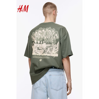 H&M男装T恤2024春季时尚休闲大廓形印花T恤1217039 卡其绿/Hardcore 175/108A