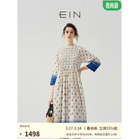 EIN言东方文艺印花撞色风琴褶半圆小立领丝棉连衣裙24早春 宝蓝 L