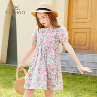 英氏（YEEHOO）女童连衣裙儿童裙子薄款短袖碎花公主裙中大童装夏装 粉红 1