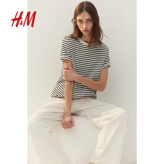 H&M女装T恤2024春季简约休闲时尚圆领短袖上衣内搭0963662 白色/黑色条纹 165/96A