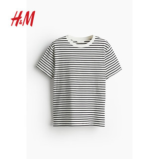 H&M女装T恤2024春季简约休闲时尚圆领短袖上衣内搭0963662 白色/黑色条纹 165/96A