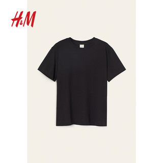 H&M女装T恤2024春季简约休闲时尚圆领短袖上衣内搭0963662 黑色 165/96A