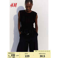 H&M女装2024夏季圆领纯色无袖修身缩褶上衣1217810 黑色 165/96A