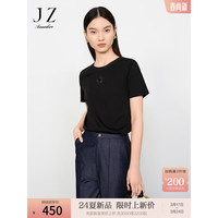 玖姿·安娜蔻【草目系列】简约纯棉亮片立体绣花薄T恤女2024夏 经典黑 S