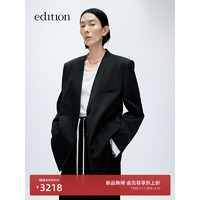 edition西装外套女2024春拼接袖口无领黑色羊毛女绅士西服 黑色  M/165