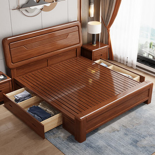 PXN 莱仕达 新中式胡桃木实木床双人床现代简约主卧婚床 椰棕床垫1.5米