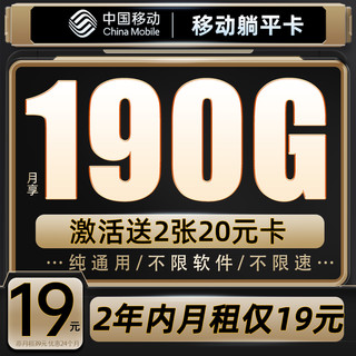 中国移动 CHINA MOBILE 躺平卡 2年19元月租（190G流量+2年优惠期+送480元话费+流量可续约）送2张20E卡