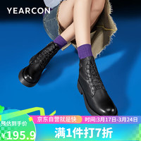 YEARCON 意尔康 女鞋英伦风系带厚底皮靴潮流时尚马丁靴女 26828W 黑色 38