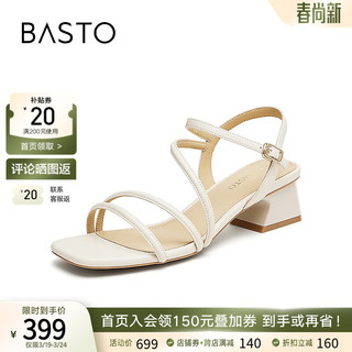 百思图（BASTO）2024夏季复古休闲条带罗马粗跟女凉鞋TNE32BL4 米白 33