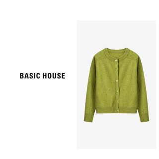 Basic House/百家好气质时尚羊毛针织开衫女春季2024百搭甜美温柔小外套 绿色 M85-120斤