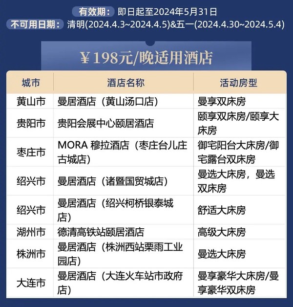 低至198元的开元平价线！周末不加价！德胧精选品牌全国70+店 1晚通兑（含双早）