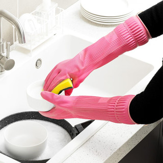 家の物语（KATEI STORY）韩国家务手套加绒女加长款洗碗手套厨房家务橡胶手套洗衣服 带挂钩手套M号