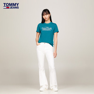 TOMMY JEANS 24春季女纯棉美式复古刺绣圆领合身短袖T恤DW0DW17826 蓝绿色CT0 S