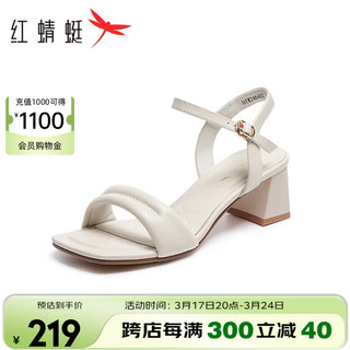 红蜻蜓 2024夏季一字带粗跟法式高跟鞋女时装凉鞋 WFK24040米白色40