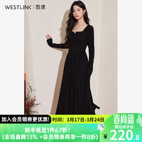 WESTLINK 西遇 赫本风U领长袖针织连衣裙女2024春新款气质显瘦长裙 黑色 M