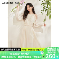 WESTLINK 西遇 杏色法式气质收腰连衣裙女2024春季新款露肩精致显瘦伞摆裙子 杏色 S