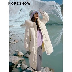 HOPESHOW 红袖 狐狸毛领羽绒服冬季2023女装 牛角扣双拉链气质显瘦长款外套 米白004