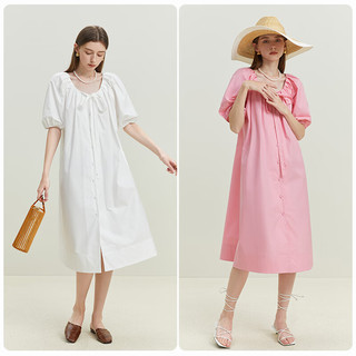 范思蓝恩23FS12332休闲度假风棉感泡泡袖连衣裙夏季中长女裙 白色 S