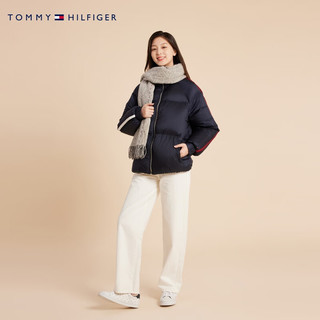 TOMMY HILFIGER 女装时尚活力撞色织带鸭绒保暖立领合身短面包羽绒服40093 藏青色DW5 L