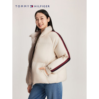 TOMMY HILFIGER 女装时尚活力撞色织带鸭绒保暖立领合身短面包羽绒服40093 米黄色ACI L