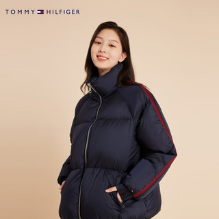 TOMMY HILFIGER 女装时尚活力撞色织带鸭绒保暖立领合身短面包羽绒服40093 藏青色DW5 L