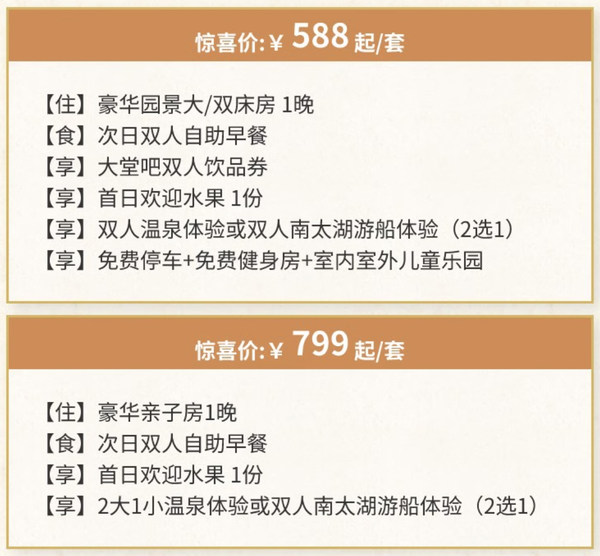 出门即太湖，还有占地20亩的温泉池！湖州太湖君澜温泉度假酒店 豪华园景大/双床房1晚套餐（含双早+双人温泉/南太湖游船体验+欢迎水果等）