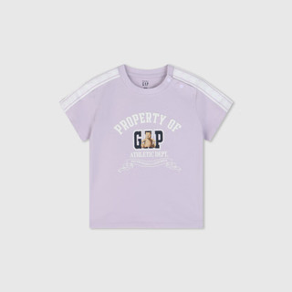 Gap女幼童2024春季纯棉小熊logo拼接织带短袖T恤上衣892057 紫色 110cm(4-5岁) 亚洲尺码