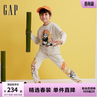 Gap【功夫熊猫联名】男女童春季2024卡通印花束口卫裤890564 灰色 140cm(M)