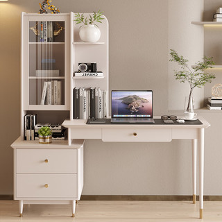 兰尼森奶油风卧室家用小户型书桌办公桌现代简约实木电脑桌书柜书架组合 实木奶油风书桌1.44米【右边柜】