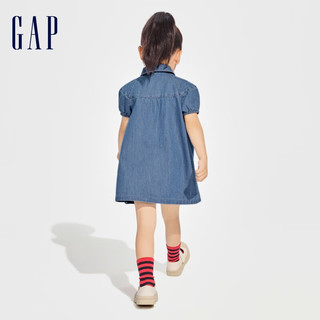 Gap女幼童春季2024LOGO牛仔灯笼袖娃娃衫连衣裙A型裙890347 深蓝色 110cm(4-5岁)亚洲尺码