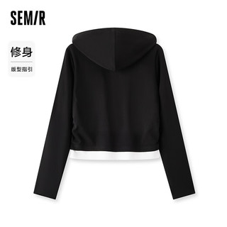 Semir 森马 长袖T恤女短款连帽刺绣2024夏假两件修身上衣 白黑色调00319 165/88A/L