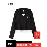 森马（Semir）长袖T恤女短款连帽刺绣2024夏假两件修身上衣 白黑色调00319 180/100A/XXXL